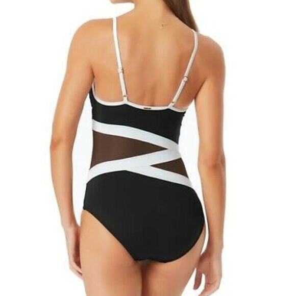 Anne Cole BLACK WHITE Asymmetric Mesh One Piece Swimsuit US 6 NWT - Picture 2 of 2